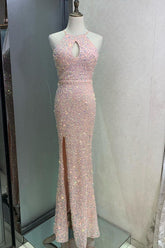 Elegant Key Hole Pink Sequins Long Prom Dress